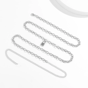 Punk style layered silver titanium steel chain with lock pendant and adjustable waist design