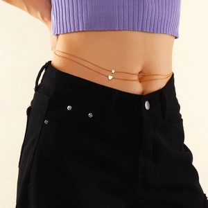 Women Fashion Alloy Double Layer Heart Star Waist Chain Simple Summer Bead Body Chain Belly Chain Gold Jewelry Gift