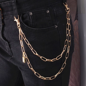 Men's punk style double-layered gold metal waist chain with lock pendant on jeans