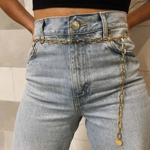 Detailed shot of golden rectangle chain link waist belt with round pendant on jeans