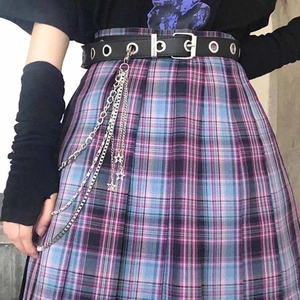 Plaid pleated mini skirt with star pendant chains and eyelet belt in Y2K punk style
