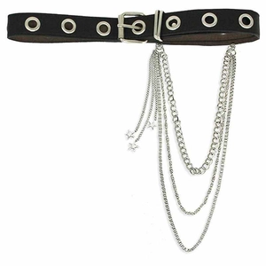 Hip hop style black PU leather belt with multi-layer silver chains and star pendants