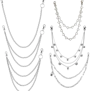 Men's punk style multi-layer silver pants chains with lock and butterfly charms