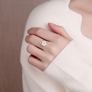 Elegant cherry blossom adjustable open ring with pink gem and silver flower petals