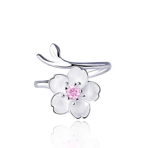 Elegant Zinc Alloy Pink Rhinestone Cherry Blossom Adjustable Open Ring For Women Minimalist Sakura Leaf Branch Fashion Jewelry