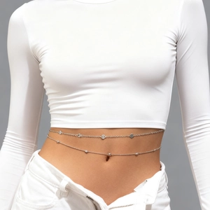 Minimalist silver double-layered body chain with sequins and metal beads for women
