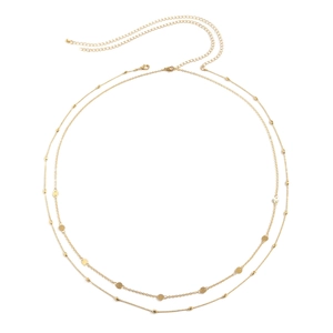 Double-layer gold waist chain with sequins and beads on a clean white background