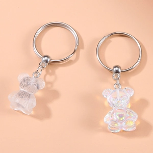 Pair of creative bear keychains with transparent and iridescent resin heart charms