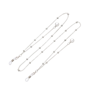 Silver metal glasses chain with white pearl pendants and adjustable silicone loops