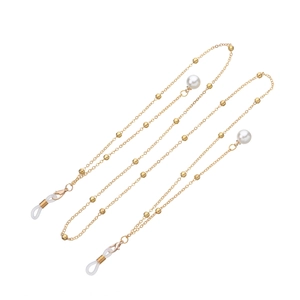 Elegant gold glasses chain with pearls and metal beads on a clean white background