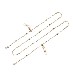 Golden pearl tassel eyewear chain with metallic beads and adjustable silicone loops