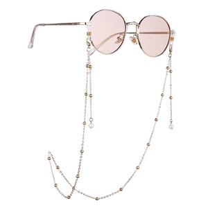 Golden round glasses with pink lenses and elegant pearl tassel metal chain accessory