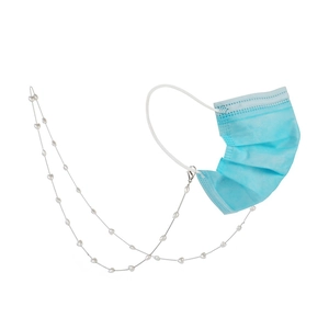 Silberne Maskenkette mit weißen Herzperlen und Karabinerverschluss für Brillen und Masken