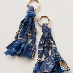 Bohemian style blue fabric tassel keychain set with rose gold ring and woven beads