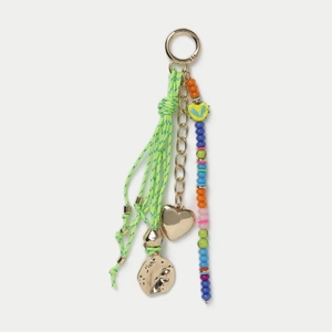 Elegant bohemian bag charm with green tassel, gold heart, and colorful beads