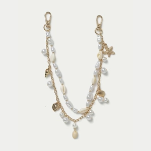 Elegant multi-layer ocean theme bag charm with pearls, starfish and shells on gold chains