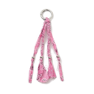 Bohemian pink paisley woven fabric keychain with silver spring clasp and bead tassels