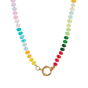 Detail of colorful gradient beaded necklace with golden ring clasp and vibrant resin beads