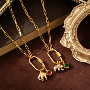Vintage 18K gold plated elephant pendant necklace with ruby and emerald gemstones