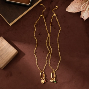 18K gold plated elephant pendant paperclip necklace with zircon gemstone detail