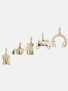 Detailed 18K gold-plated charms featuring a camera, headphones, and gaming controller