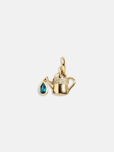 Detail of 18K gold watering can pendant with blue teardrop gemstone and white zircons