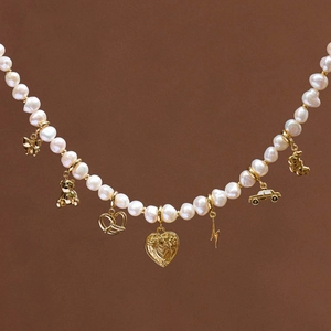Collier à Breloques en Acier Inoxydable pour Hommes Femmes Plaqué Or 18K Perle Artificielle Pendentif Cœur Ours Bijoux DIY