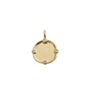 Detail of a round 18K gold plated pendant featuring center disc and four sparkling gemstones