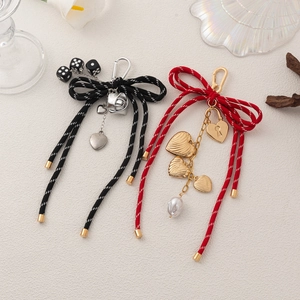 Trendy Woven Bow Knot Bag Charm Keychain With Heart Rose Dice Pendants 18K Gold Plated Copper For Women Bag Decor