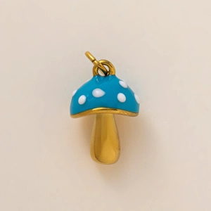 Blue mushroom pendant with white dots and 18K gold-plated stainless steel finish