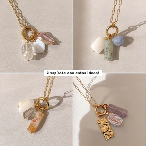 Gold pendant necklace set featuring oval links with natural stone and pearl charms