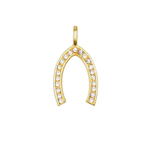 Dettaglio del ciondolo wishbone dorato con pavé di cristalli di zircone trasparenti