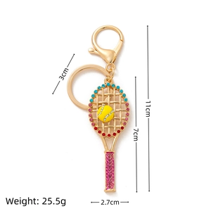 Porte-clés raquette de tennis scintillant avec strass colorés et fermoir doré