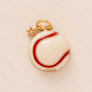 Detail of baseball charm with cream enamel, red stitching, and gold star accent