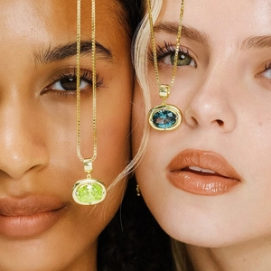 18K gold plated stainless steel necklaces with green and blue oval gemstone pendants