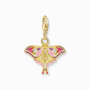 Detail of a 18K gold butterfly charm with pink and purple enamel and white stones