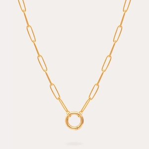 Close-up of polished 18K gold-plated paperclip chain necklace with round clasp detail