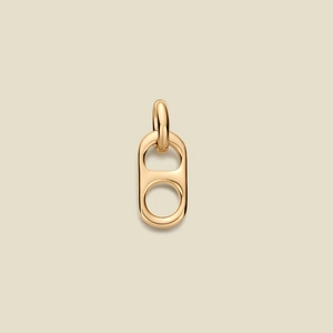 Detailed close-up of a gold-plated soda tab pendant with a high-polished mirror finish