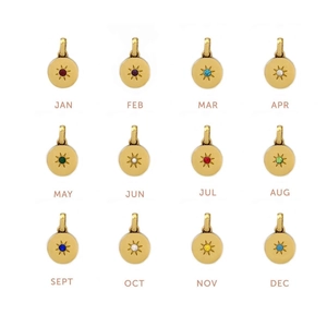 Set of 12 circular 18K gold plated sunburst pendants with colorful birthstones