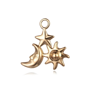 Detail of 18K gold plated envelope pendant with celestial sun and moon motifs
