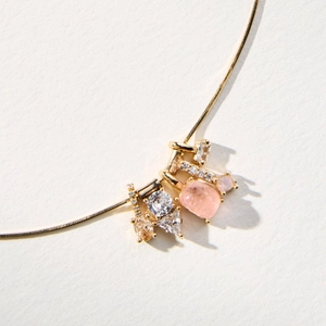 14k gold plated necklace featuring a multi-gemstone cluster pendant with pink and white stones