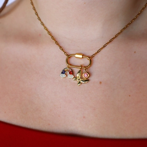 18K gold paperclip necklace featuring carabiner clasp with rainbow, butterfly and pink gem