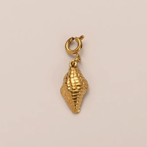 Golden seashell pendant with textured spiral details and a round spring clasp