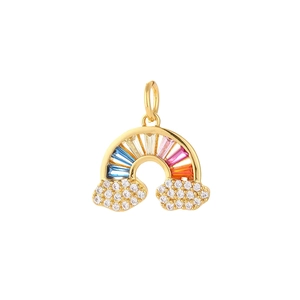 Detailed macro of a gold rainbow pendant with colorful gems and micro-paved zircon clouds