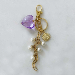 Porte-clés plaqué or 14K avec cœur en cristal violet, pendentif soleil et perles