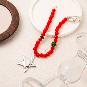 Handmade Red Beaded Chain Large Silver Star Pendant Copper Alloy Accessory For Bag Keychain Women Fashion Jewelry