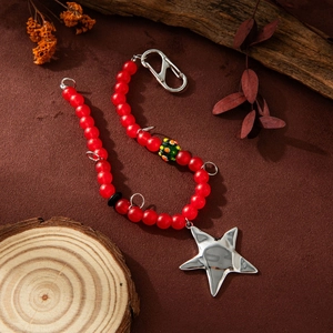 Handmade red glass bead chain with silver star pendant for DIY phone or bag decoration