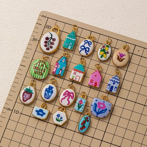 Enamel floral and house charms set with gold plating for DIY jewelry making