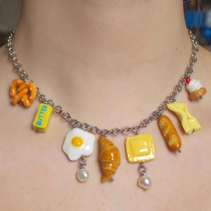 Chunky stainless steel chain necklace with realistic food pendants and pearls for women