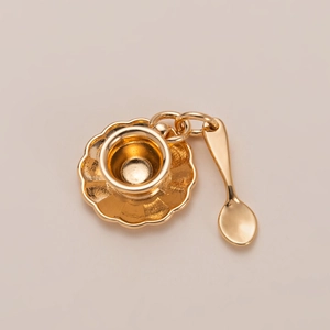 Gold miniature tableware charm set with tiny spoon cup and plate for DIY jewelry